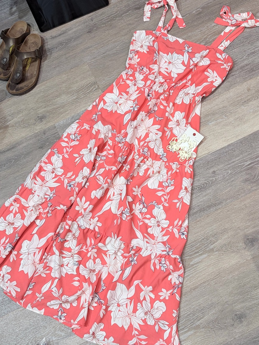 Sanctuary Coral Pink Floral tiered Midi Dress tie strap